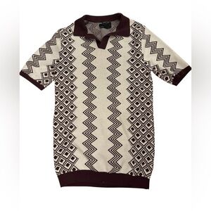 ASOS men’s short sleeve sweater‎ maroon cream geometric zigzag print 70s size S